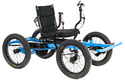 Black cushioned seat mounted on a blue iron frame with a vertical lever on each side of the seat and 4 wheels mounted to the frame